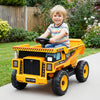 Kids ride-on 24V construction electric vehicle in yellow with dump bed, remote control, and safety features for ages.