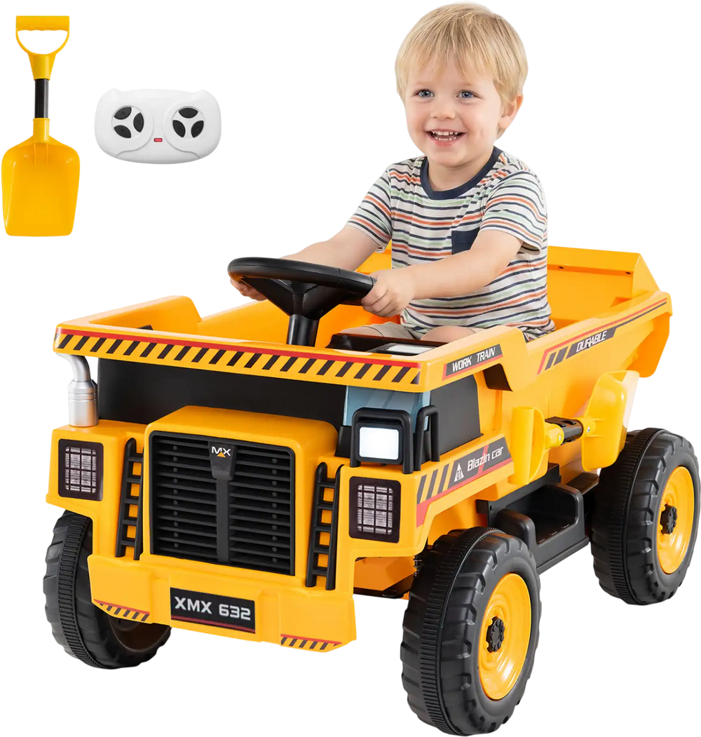 Electric construction vehicle in yellow for kids aged 3-8, featuring a dump bed, remote control, and safety belt.