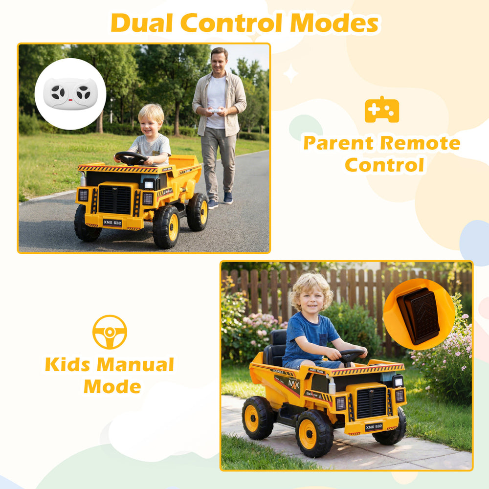 24V yellow construction electric vehicle with dump bed, remote control, and kids manual mode for ages 3-8.