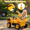Yellow dump truck toy with shovel, featuring a tilt bed, for kids aged 3-8, perfect for outdoor fun and play.