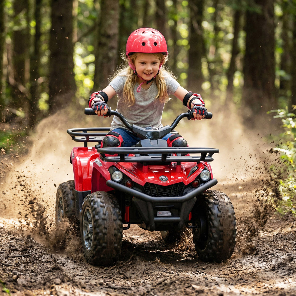 Child riding the red 24V Electric Ride On Quad through dirt, featuring LED headlights and wear-resistant wheels for.