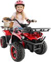 Red 24V electric ride-on quad with LED headlights, featuring a child and dog, designed for backyard fun and adventure.