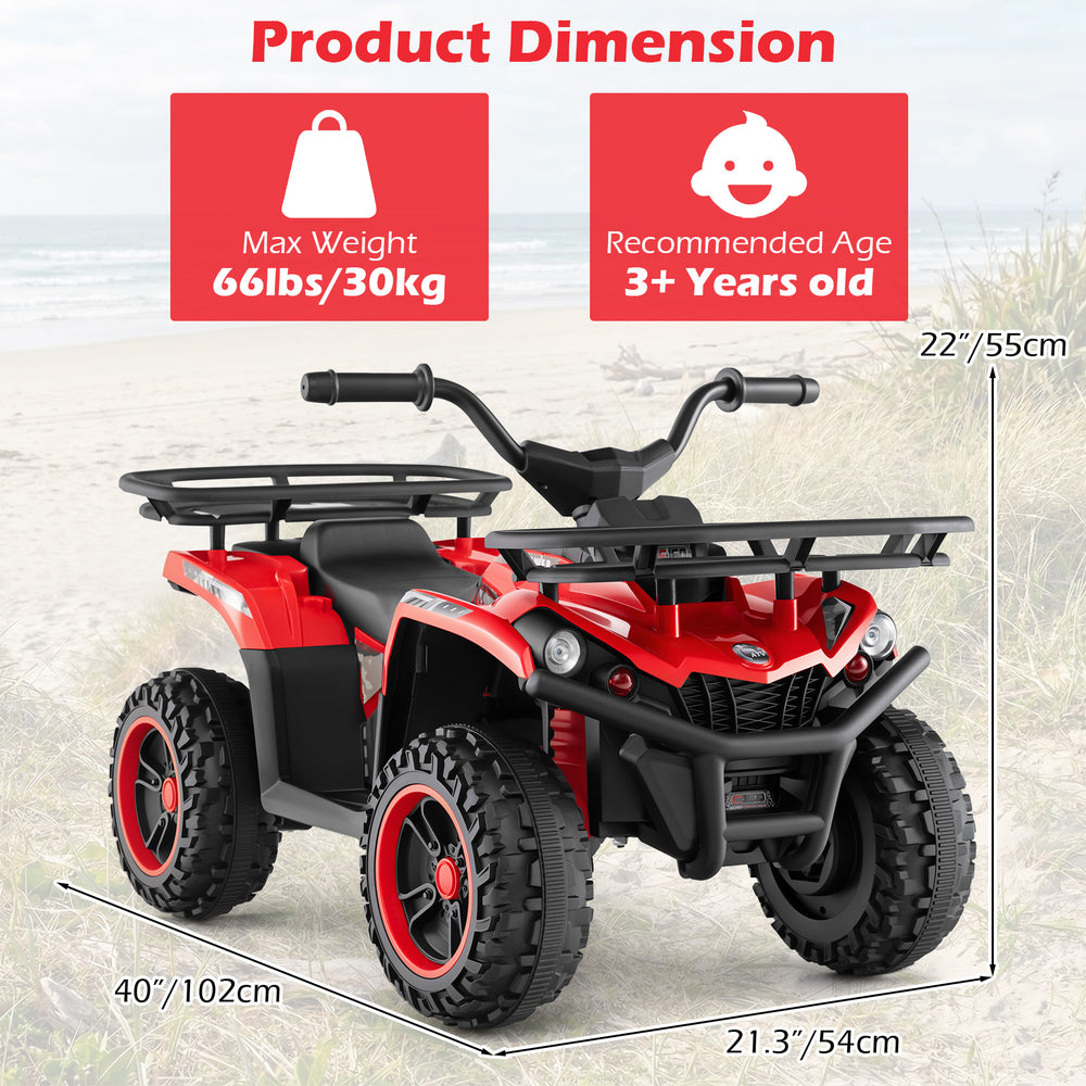 Red 24V Electric Ride On Quad with LED headlights, designed for kids 3+ years, featuring wear-resistant wheels and.