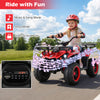 Electric ride-on quad in red with LED headlights, featuring music modes and a 24V battery for fun outdoor adventures.