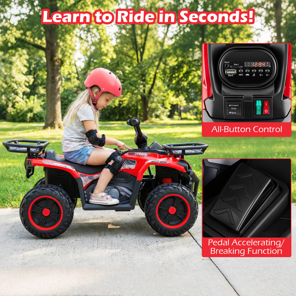 Electric ride-on quad in red with LED headlights, featuring pedal acceleration and dual motors for 2-5 mph speeds.