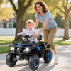 Kids 24V ATV in blue with two seats, LED lights, and music, ideal for outdoor fun on various terrains.