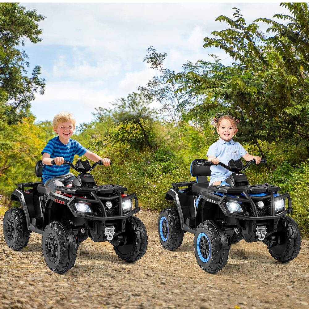 Two kids riding the 24V kids ATV 2-seater with LED lights and music, ideal for outdoor adventures.