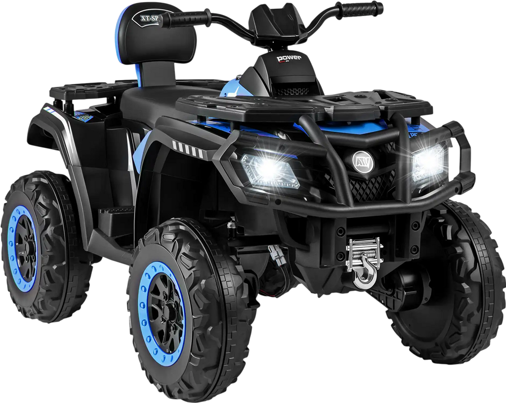 Blue 24V kids ATV with 2 seats, LED lights, and 4 motors for smooth rides on various terrains. Perfect for ages 3-8.