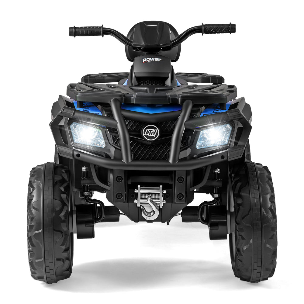 Front view of the blue 24V kids ATV 2-seater with LED lights, designed for reliability and fun for children aged 3 to 8.