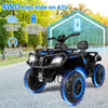 Blue 24V kids ATV with 4 motors, 2 seats, LED lights, and music, designed for smooth rides on various terrains.