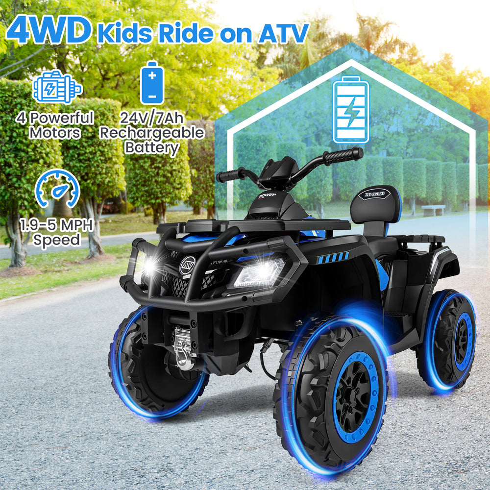 Blue 24V kids ATV with 4 motors, 2 seats, LED lights, and music, designed for smooth rides on various terrains.