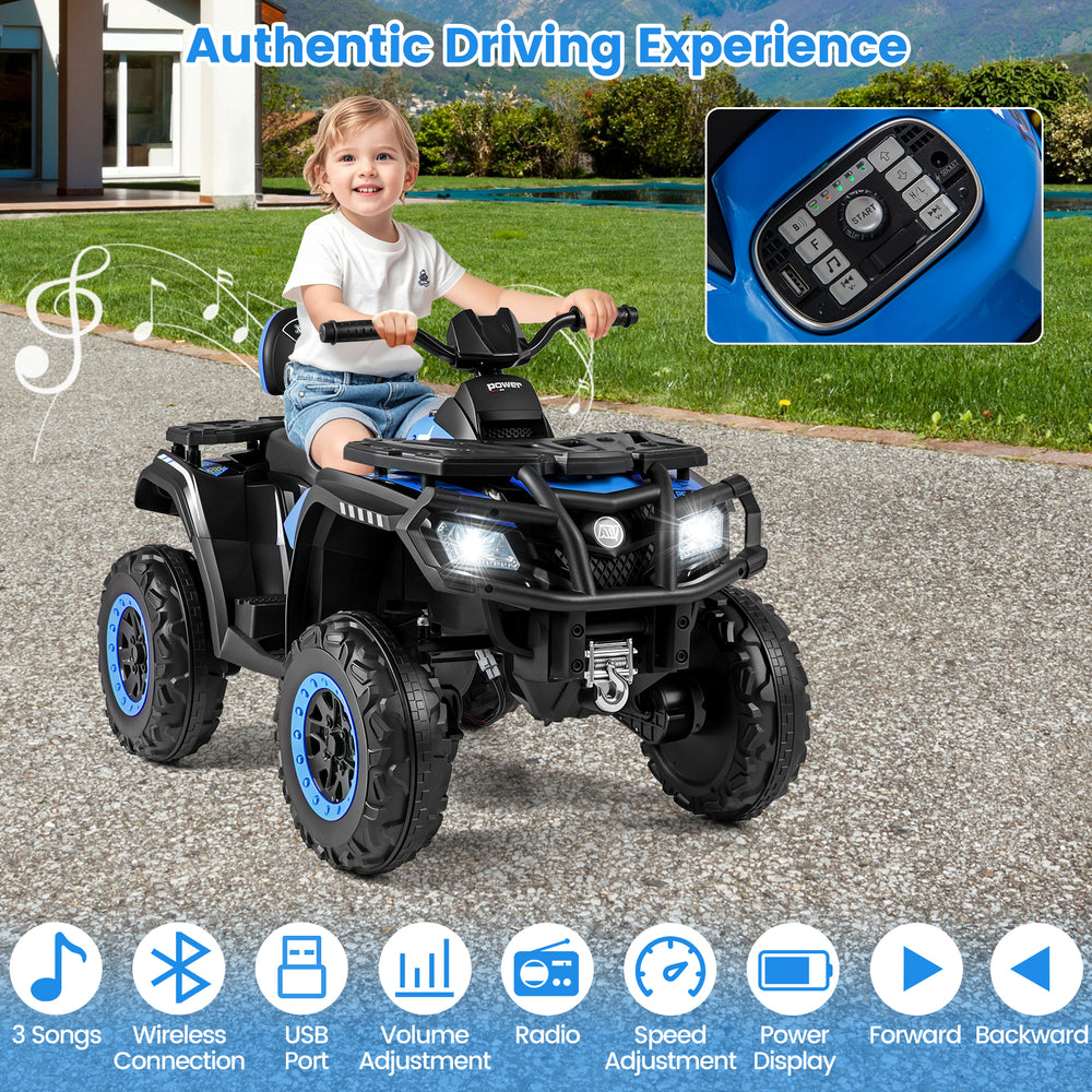 Kids 24V ATV with 4 motors, LED lights, and music, featuring two seats and adjustable speed for outdoor fun.