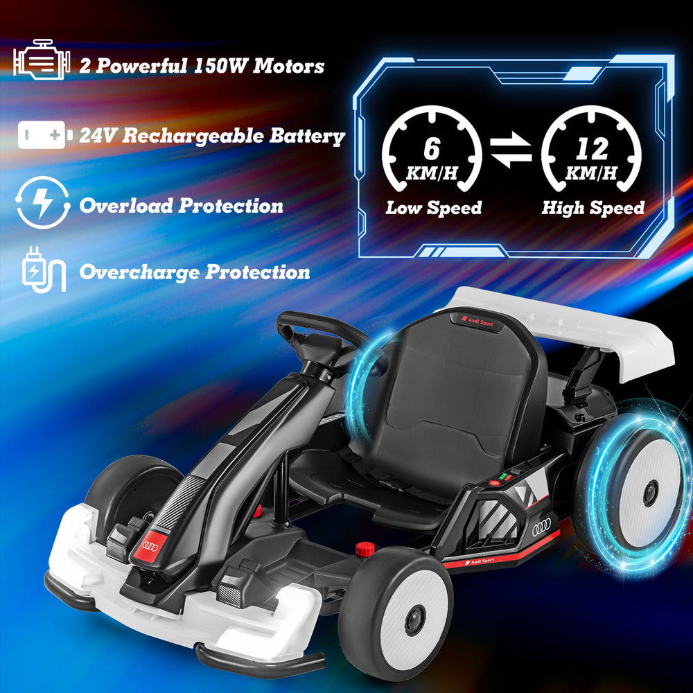 Black and white 24V kids go kart with adjustable length, LED lights, and two powerful 150W motors for thrilling rides.
