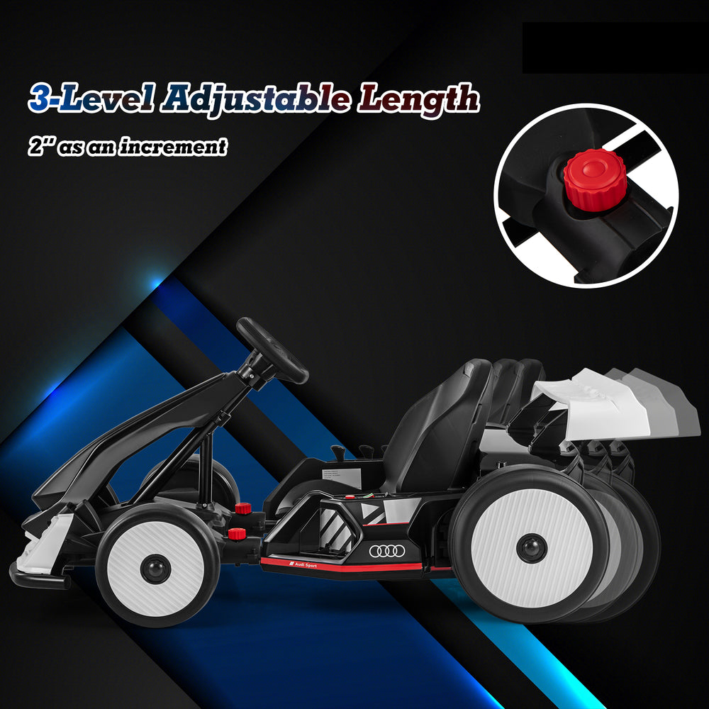 Side view of the 24V kids go kart with adjustable length, featuring a sleek black and white design and LED lights.