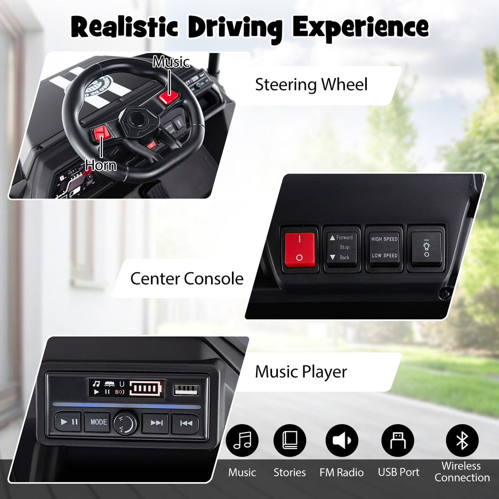 Steering wheel and center console of the 24V Kids Golf Cart with music player, horn, and control buttons for kids.