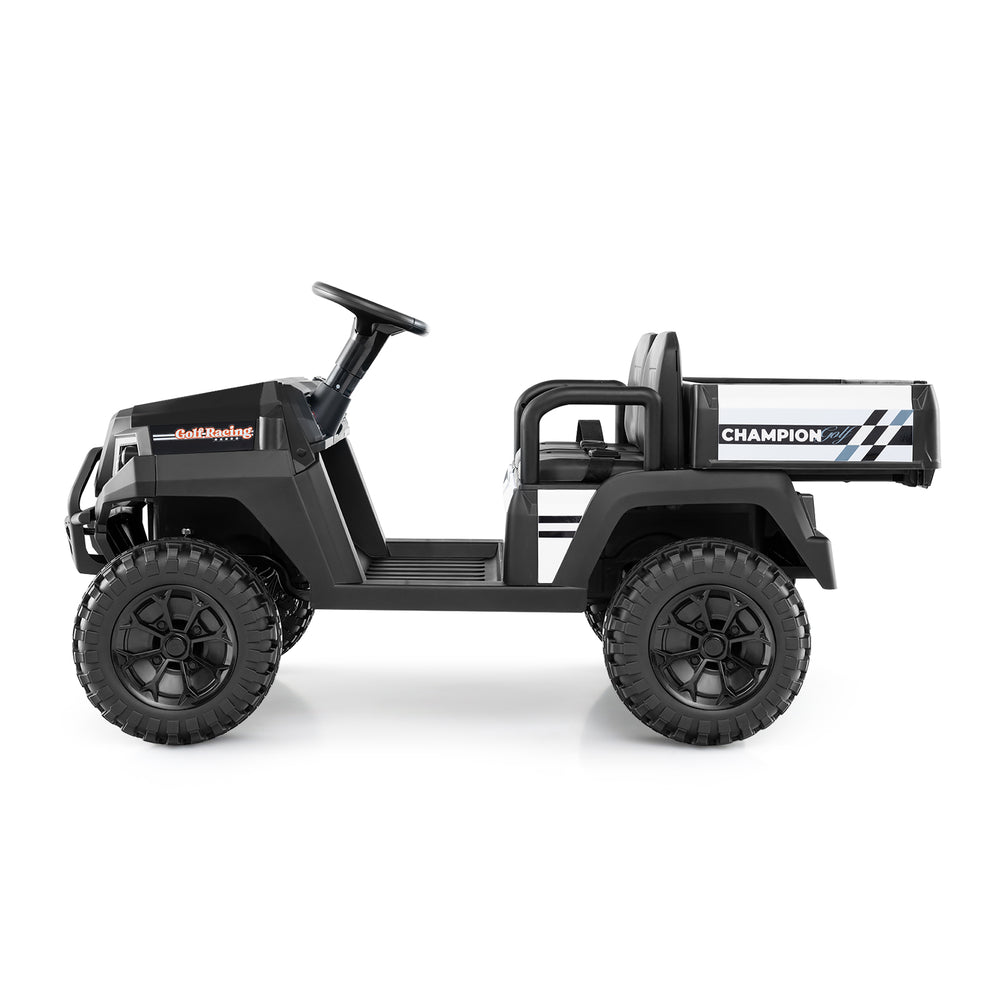 Black 24V kids golf cart ride-on car with 2 seats, storage trunk, and horn, designed for safe outdoor fun.