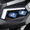 Close-up of the headlights on a black 24V kids golf cart, featuring blue lights and a sleek design for fun outdoor.
