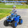 Kids ride-on electric ATV in blue, featuring reinforced tires and LED headlights for adventurous outdoor fun.