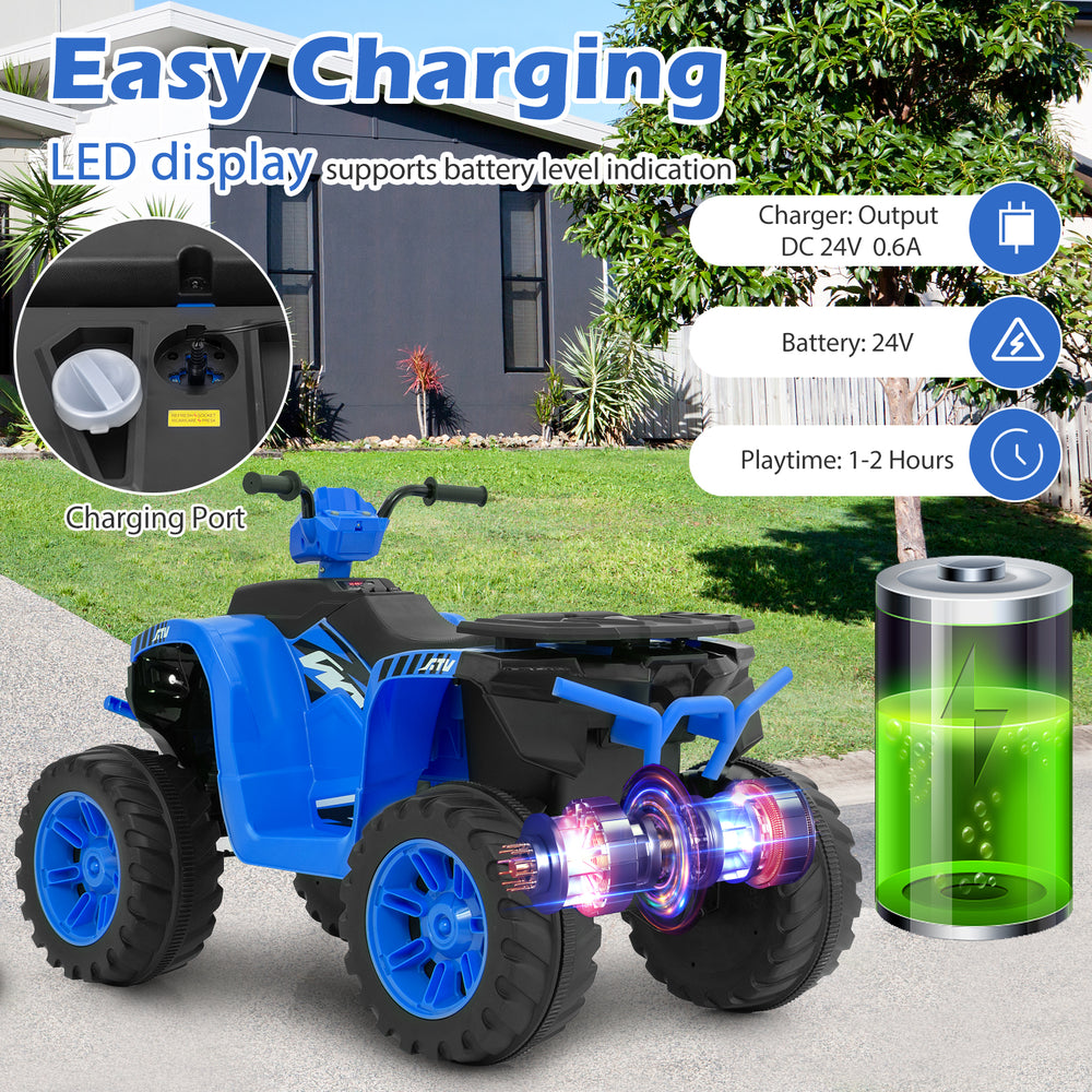 24V kids ride-on electric ATV in blue with LED display, charging port, and reinforced tires for outdoor fun.