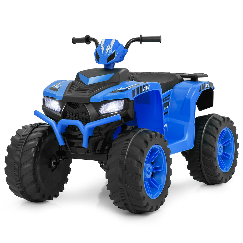 Front view of the blue 24V kids ride-on electric ATV featuring LED headlights and wide footrests for stability and.