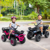Kids riding on a 24V electric ATV quad car in black, featuring LED lights and realistic sounds for fun outdoor.