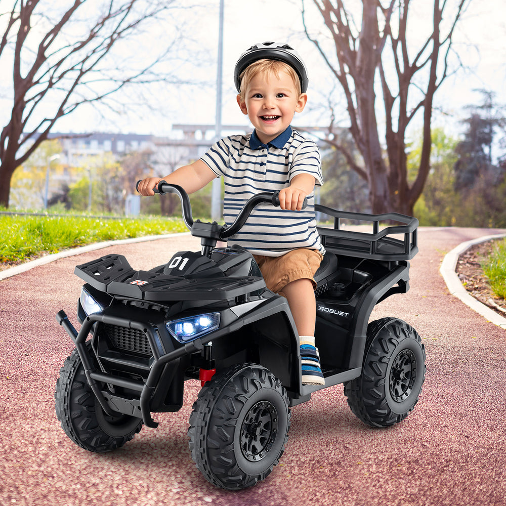 Kids ride-on electric ATV in black with LED lights, designed for ages 3+, featuring realistic sounds and spacious.