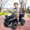 Kids ride-on electric ATV in black with LED lights, designed for ages 3+, featuring realistic sounds and spacious.