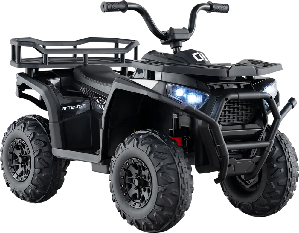 Kids ride-on electric ATV quad car in black with LED lights, 4-wheel shock absorption, and spacious seating for comfort.