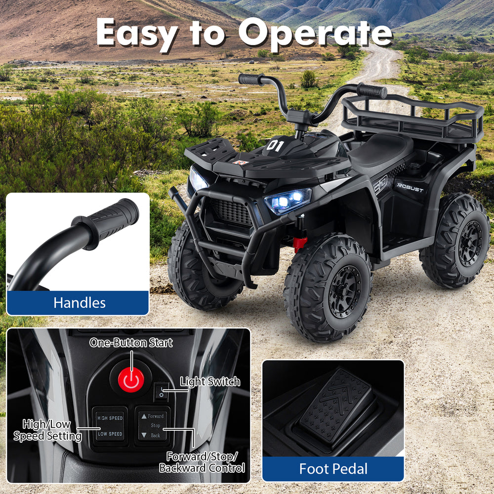 Kids ride-on electric ATV quad car in black with foot pedal, handles, LED lights, and spacious seating for comfort.
