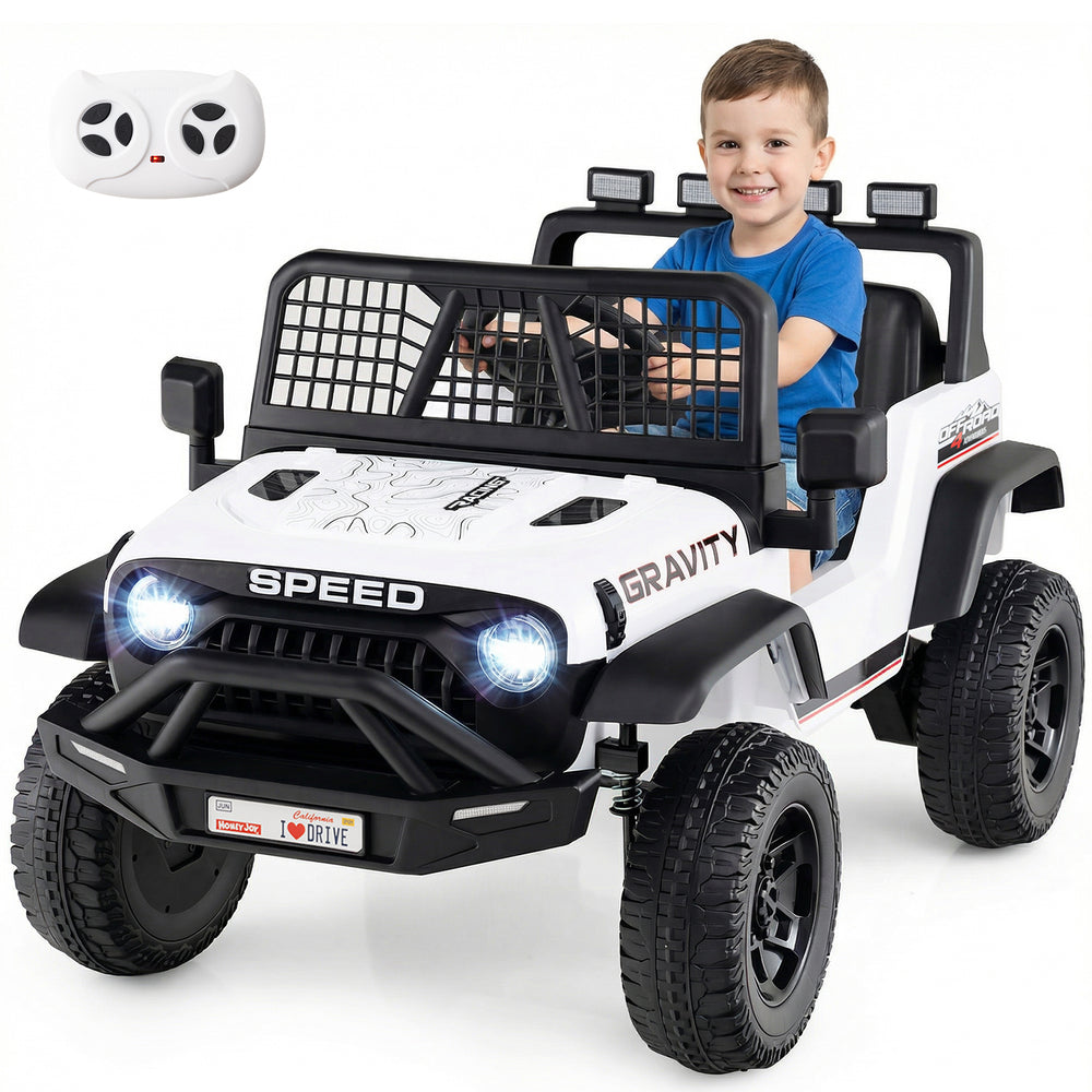 Kids' 24V ride-on car in white with remote control, LED headlights, and spacious seat for safe driving fun.