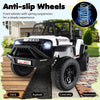 24V ride-on car for kids in white with anti-slip wheels and spring suspension for a steady driving experience.