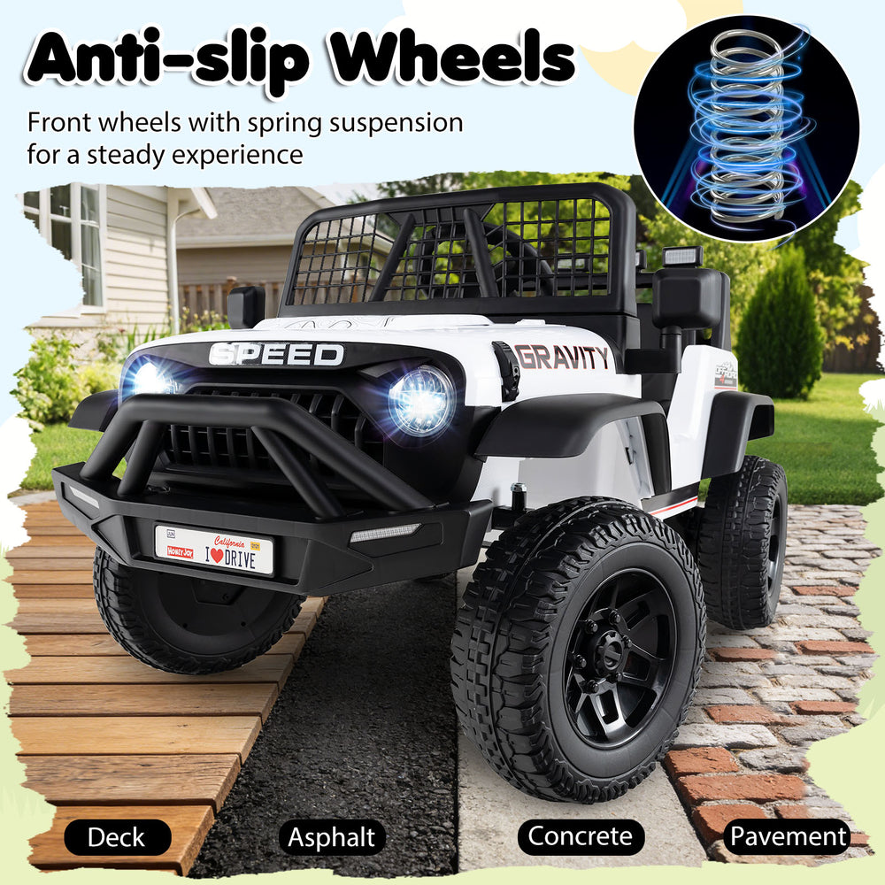 24V ride-on car for kids in white with anti-slip wheels and spring suspension for a steady driving experience.