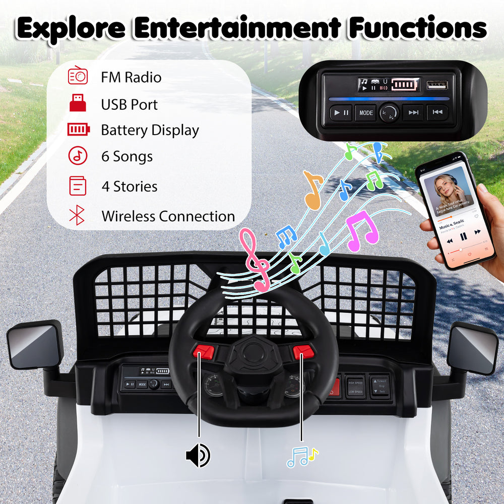 Dashboard of the 24V ride-on car for kids featuring FM radio, USB port, and battery display for entertainment functions.