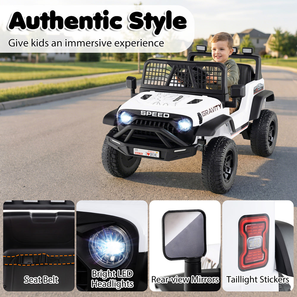 Kids' 24V ride-on car in white with LED headlights, parent remote control, and spacious seat for safe driving fun.