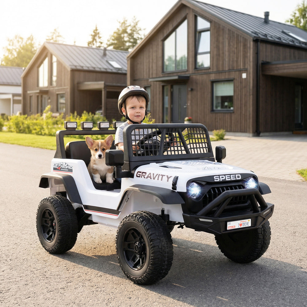 Kids' 24V ride-on car in white with remote control, featuring LED headlights and spacious seat for safe driving fun.