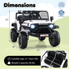 Dimensions of the 24V Ride On Car for Kids, featuring remote control, LED headlights, and spacious seat for safety.