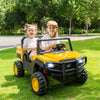 Kids enjoying a 24V licensed Caterpillar dump truck ride-on car in yellow, perfect for outdoor fun and adventure.