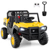 Yellow 24V licensed Caterpillar ride-on dump truck for kids, featuring remote control, tiltable dump bed, and LED.