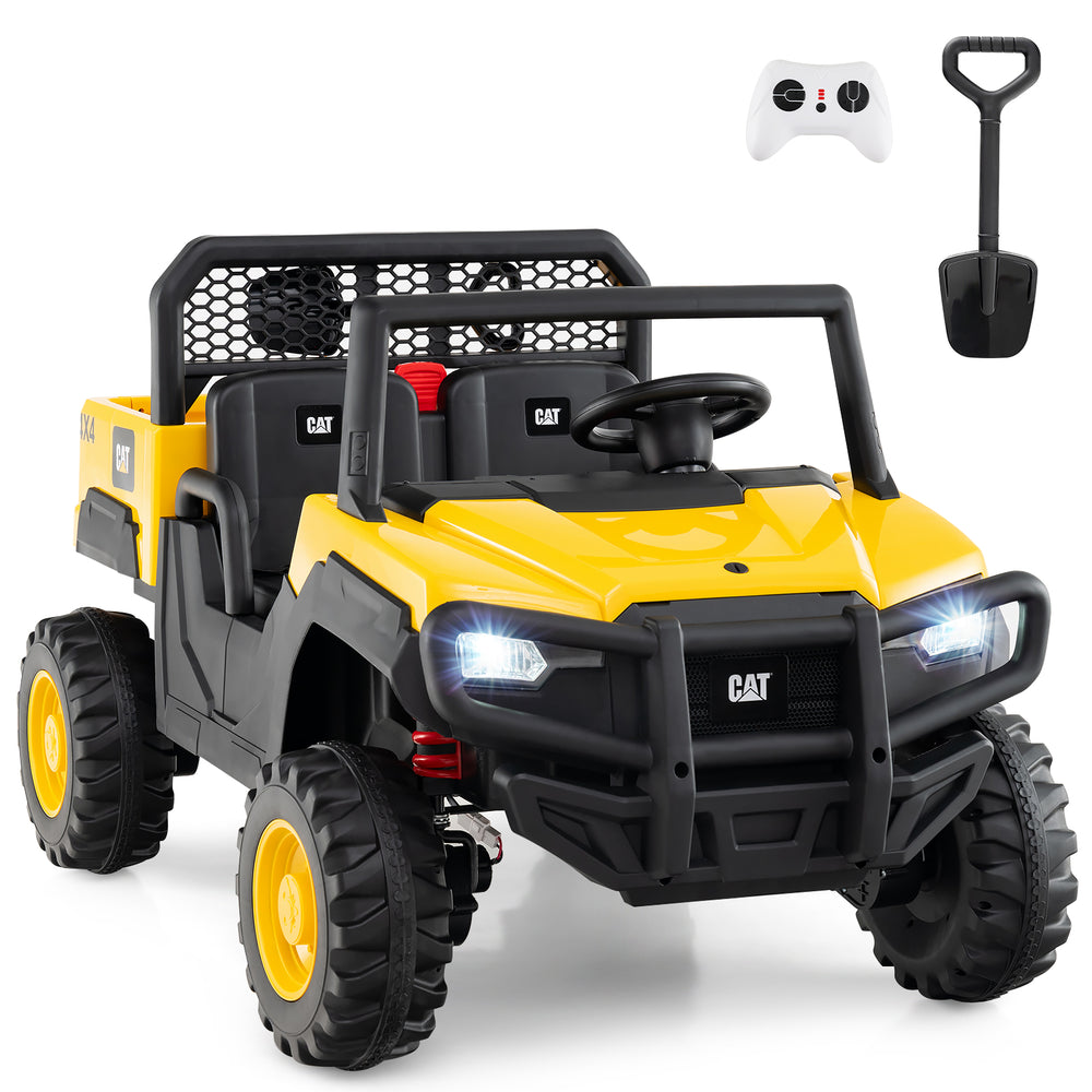 Yellow 24V licensed Caterpillar ride-on dump truck for kids, featuring remote control, tiltable dump bed, and LED.