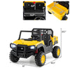 Caterpillar 24V ride-on dump truck for kids with remote control, featuring a tiltable dump bed and LED headlights.