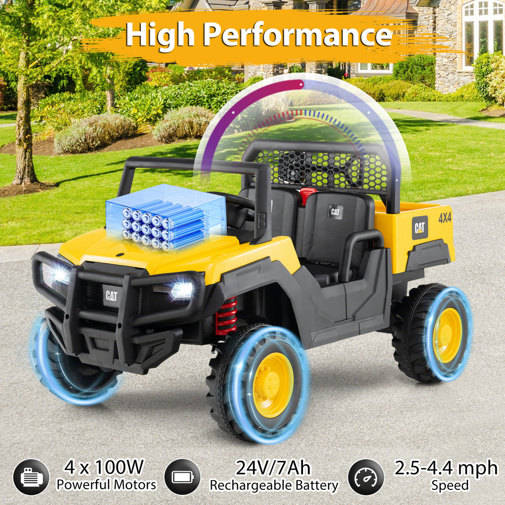 24V licensed Caterpillar ride-on dump truck for kids, featuring 4WD, remote control, and tiltable dump bed for outdoor.
