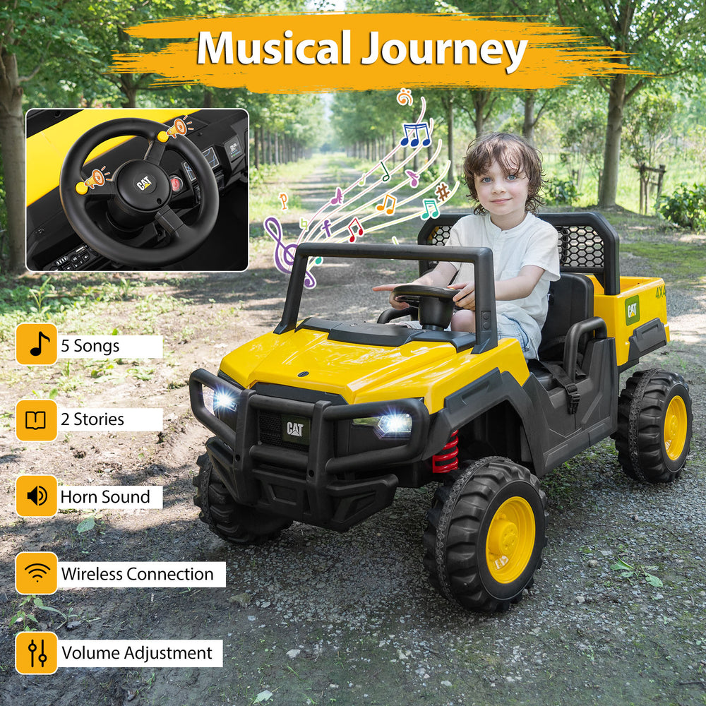 Kids ride-on Caterpillar dump truck in yellow with remote control, music player, and tiltable dump bed for outdoor fun.