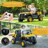 Two children enjoying the 24V licensed Caterpillar dump truck with remote control, featuring a tiltable dump bed and.