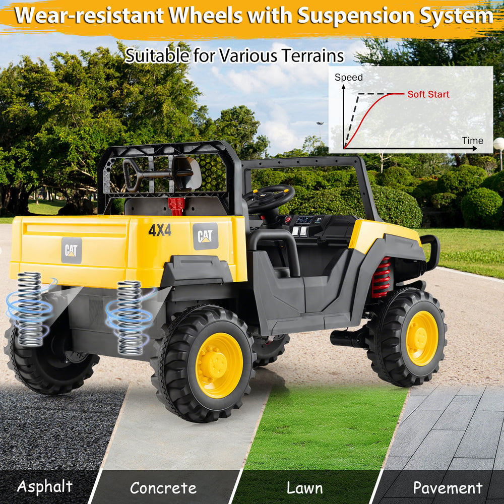 Caterpillar 24V ride-on dump truck with wear-resistant wheels, suspension system, and remote control for kids aged 3-8.