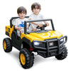 Two children driving a yellow 24V licensed Caterpillar ride-on dump truck, designed for outdoor fun.