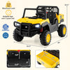 Yellow 24V licensed Caterpillar ride-on dump truck for kids, featuring a 2-seater design and maximum load of 110 lbs.