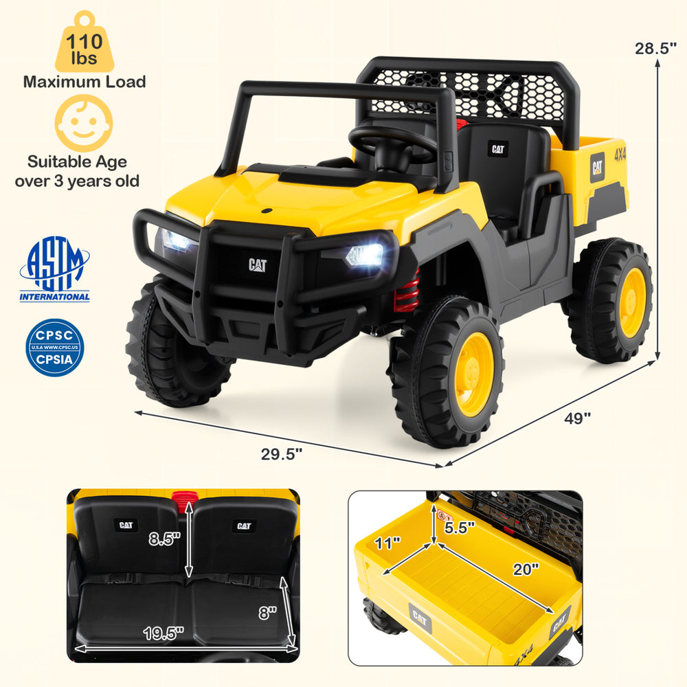 Yellow 24V licensed Caterpillar ride-on dump truck for kids, featuring a 2-seater design and maximum load of 110 lbs.