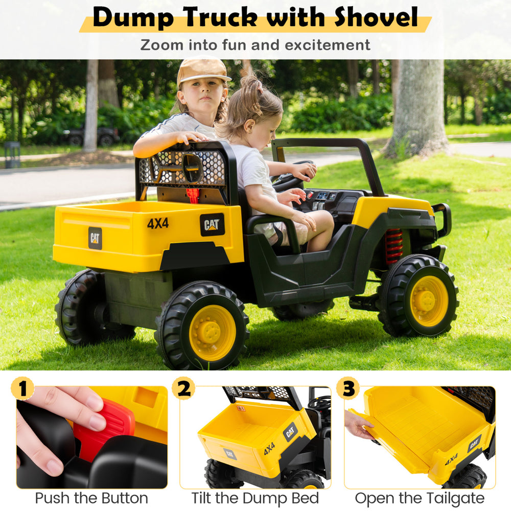 Yellow 24V ride-on dump truck with shovel, designed for two kids, perfect for outdoor fun and adventure.