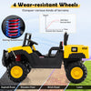 24V licensed Caterpillar ride-on dump truck in yellow with spring suspension, designed for various terrains and two.