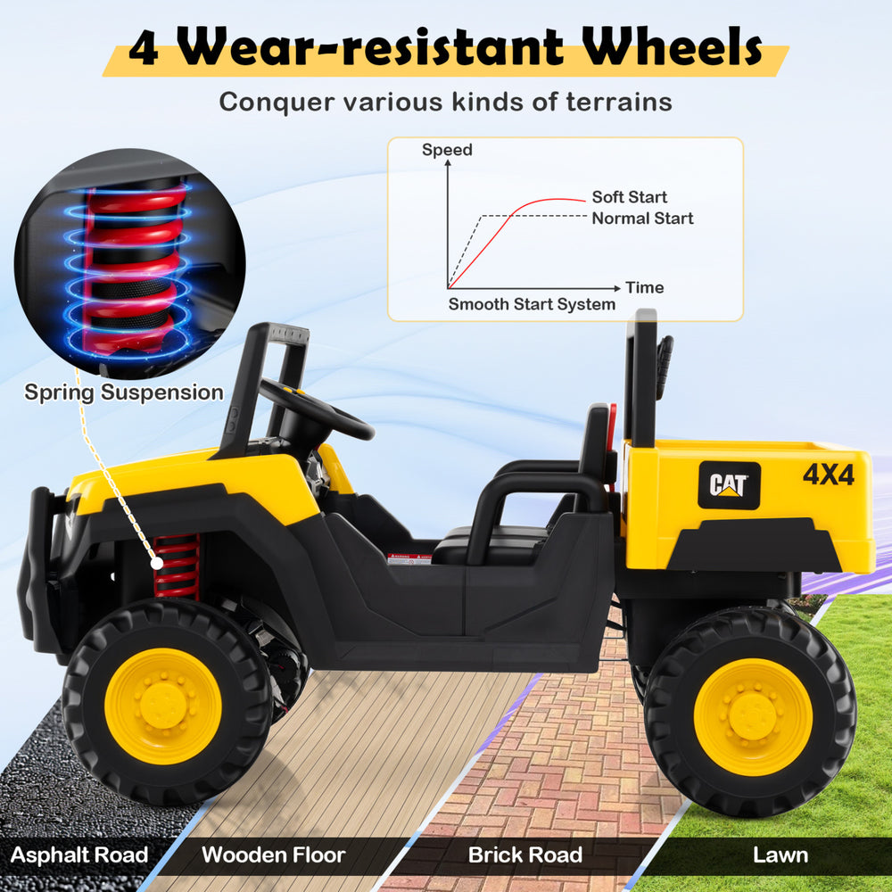 24V licensed Caterpillar ride-on dump truck in yellow with spring suspension, designed for various terrains and two.